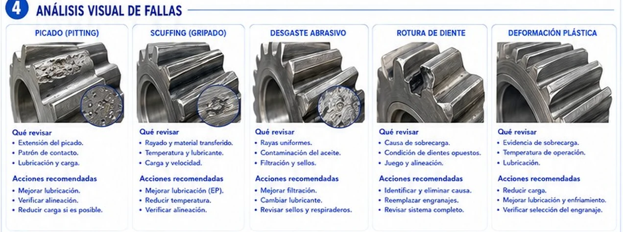 Análisis visual de cinco fallas con qué revisar y acciones recomendadas para picado, scuffing, desgaste abrasivo, rotura de diente y deformación plástica