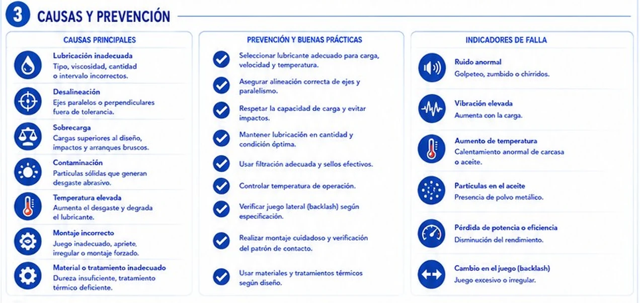 Causas principales de falla en engranajes, prevención y buenas prácticas, e indicadores de falla como ruido, vibración y temperatura