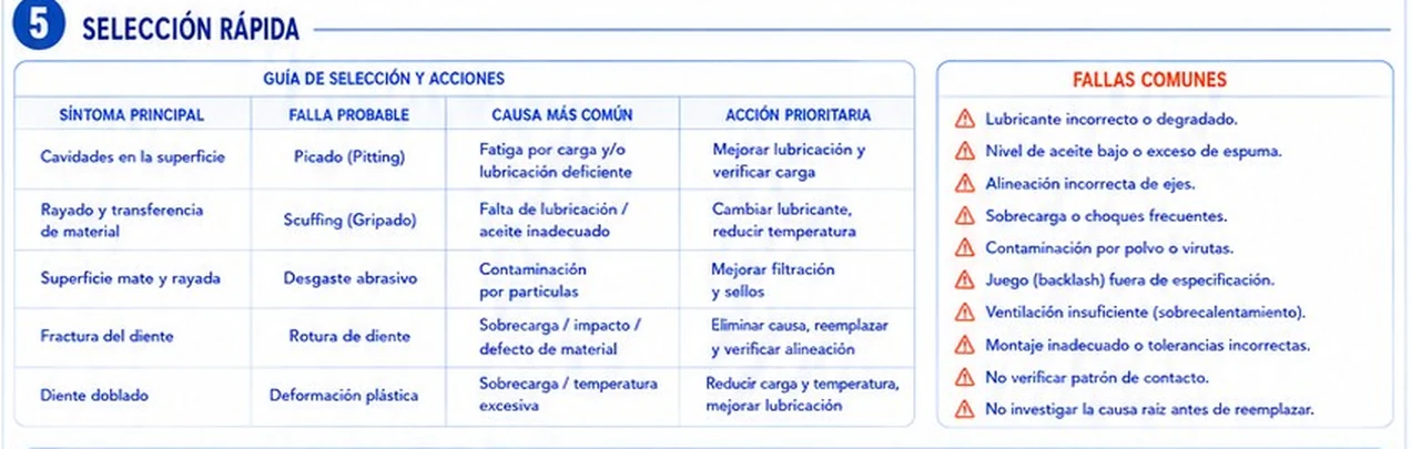 Guía de selección de síntoma principal, falla probable, causa más común y acción prioritaria, y lista de fallas comunes