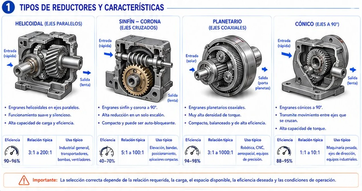 Cuatro tipos de reductores: helicoidal, sinfín y corona, planetario y cónico, con eficiencia, relación típica y uso
