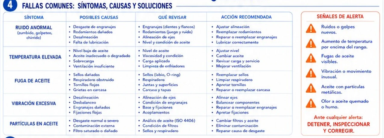 Tabla de síntomas, posibles causas, qué revisar y acción recomendada, y señales de alerta