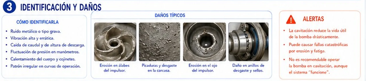 Cómo identificar la cavitación, daños típicos en álabes, carcasa, ojo del impulsor y anillos, y alertas