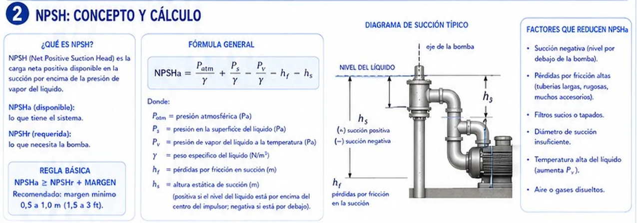 NPSH: qué es, fórmula general con presión atmosférica, presión en la superficie, presión de vapor, pérdidas y altura estática; diagrama de succión típico y factores que reducen el NPSHa