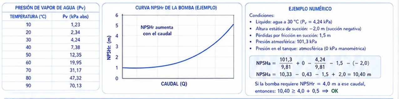 Tabla de presión de vapor del agua de 10 a 90 grados, curva NPSHr de ejemplo que sube con el caudal y ejemplo numérico de NPSHa