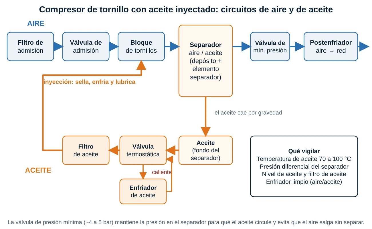 Circuitos de aire y de aceite de un compresor de tornillo con aceite inyectado: filtro, válvula de admisión, bloque, separador, válvula de presión mínima y postenfriador; aceite con válvula termostática, enfriador y filtro