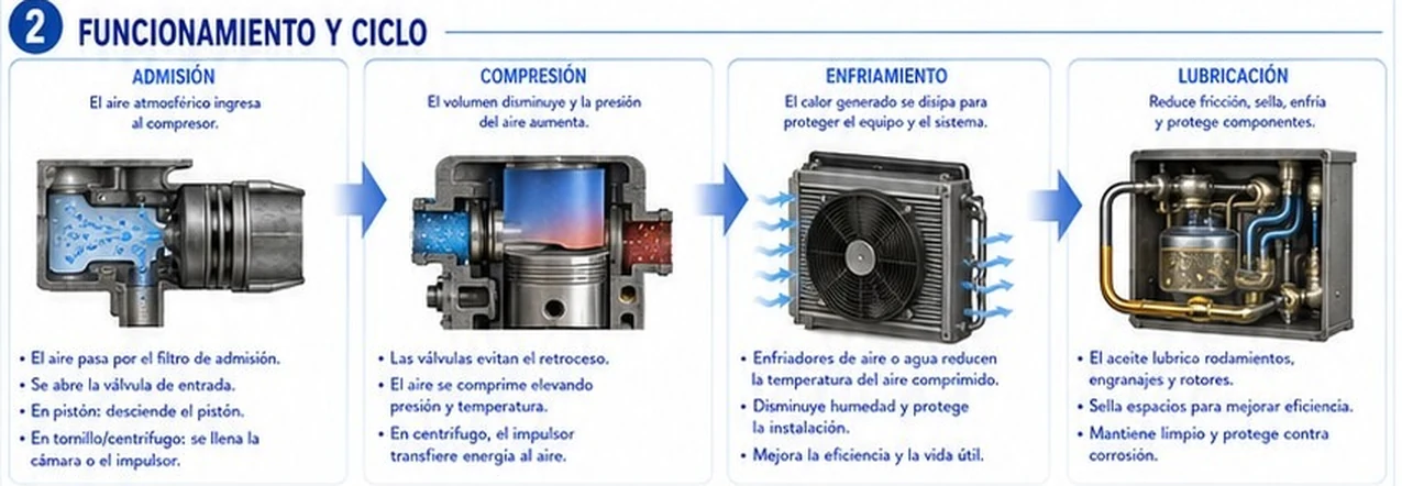 Cuatro etapas del ciclo de un compresor: admisión, compresión, enfriamiento y lubricación, con ejemplos en pistón y centrífugo