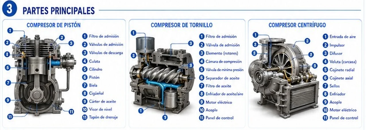 Partes principales de los compresores de pistón, tornillo y centrífugo, numeradas del 1 al 11: filtro de admisión, válvulas, culata, cilindro, pistón, biela, cigüeñal, cárter, rotores, separador, impulsor, difusor, voluta, cojinetes, sellos, enfriador, motor, acople y panel de control