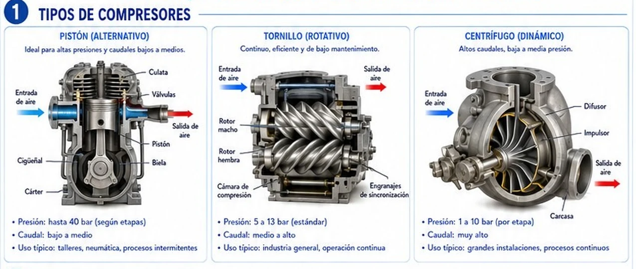 Tres tipos de compresor con sus partes señaladas: pistón (alternativo) con culata, válvulas, pistón, biela, cigüeñal y cárter; tornillo (rotativo) con rotor macho, rotor hembra, cámara de compresión y engranajes de sincronización; centrífugo (dinámico) con difusor, impulsor y carcasa; con presión, caudal y uso típico de cada uno