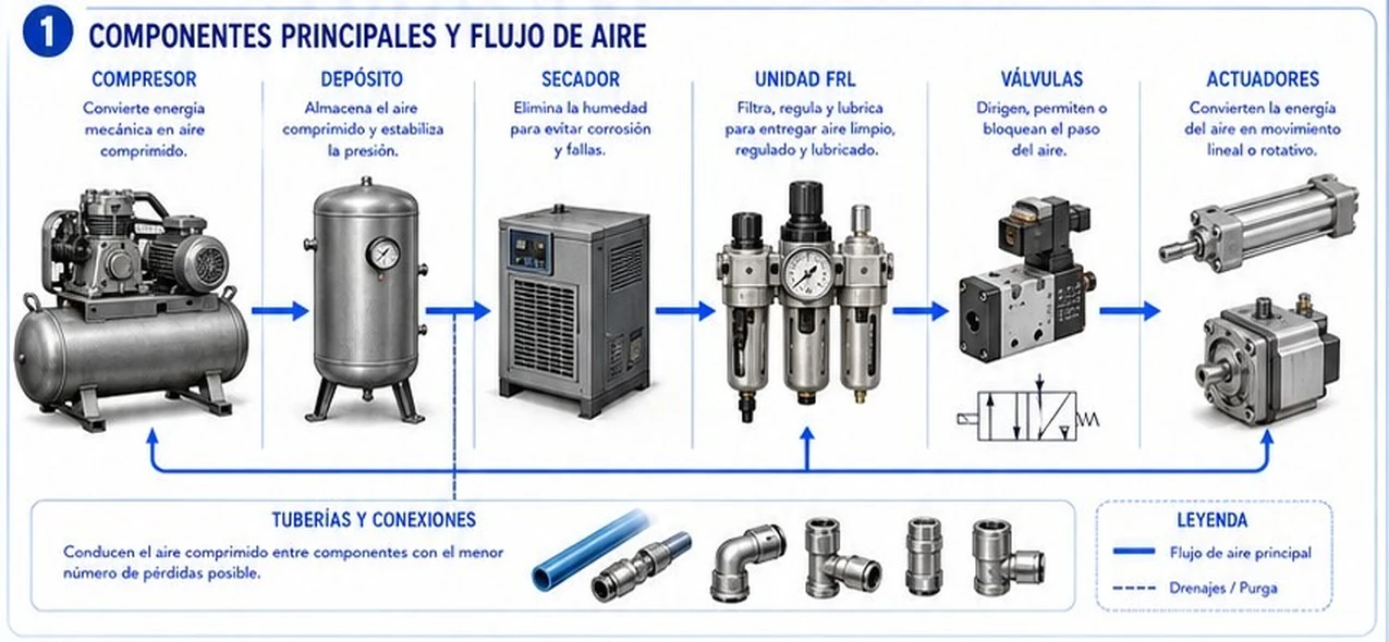 Componentes de un sistema neumático en orden: compresor, depósito, secador, unidad FRL, válvulas y actuadores, con las tuberías y conexiones y la leyenda de flujo principal y drenajes