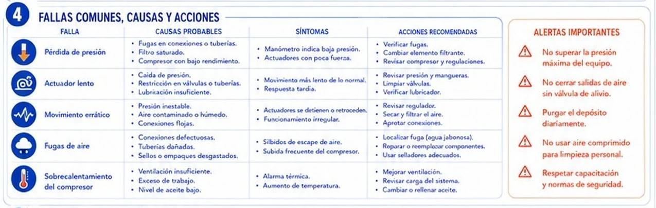 Tabla de fallas comunes en sistemas neumáticos: pérdida de presión, actuador lento, movimiento errático, fugas de aire y sobrecalentamiento del compresor, con causas, síntomas, acciones y alertas importantes