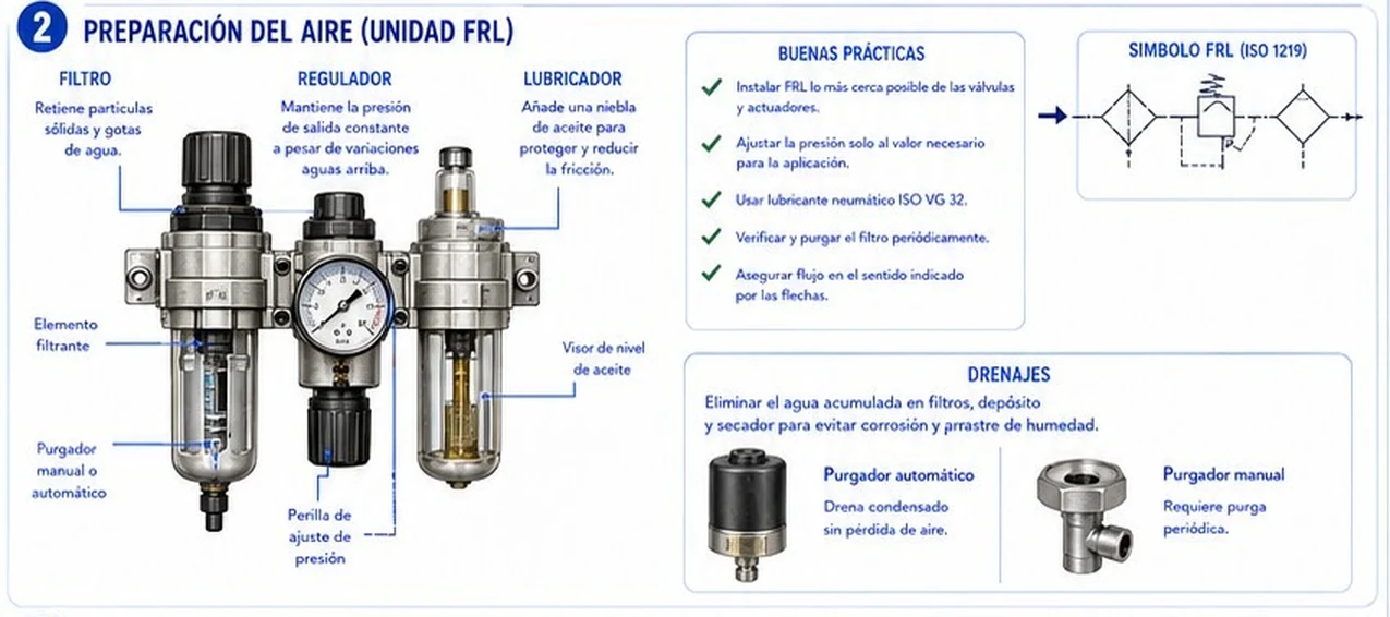 Unidad FRL con filtro, regulador y lubricador, elemento filtrante, purgador, perilla de ajuste, visor de nivel de aceite, buenas prácticas, símbolo ISO 1219 y drenajes automático y manual