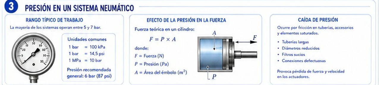 Rango típico de trabajo de 5 a 7 bar, unidades comunes de presión, fórmula de la fuerza de un cilindro F igual a P por A y causas de la caída de presión