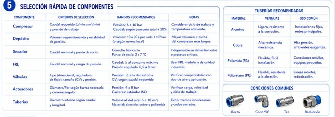 Tabla de selección rápida de componentes neumáticos con criterios, rangos recomendados y notas para compresor, depósito, secador, FRL, válvulas, actuadores y tuberías; tuberías recomendadas por material y conexiones comunes