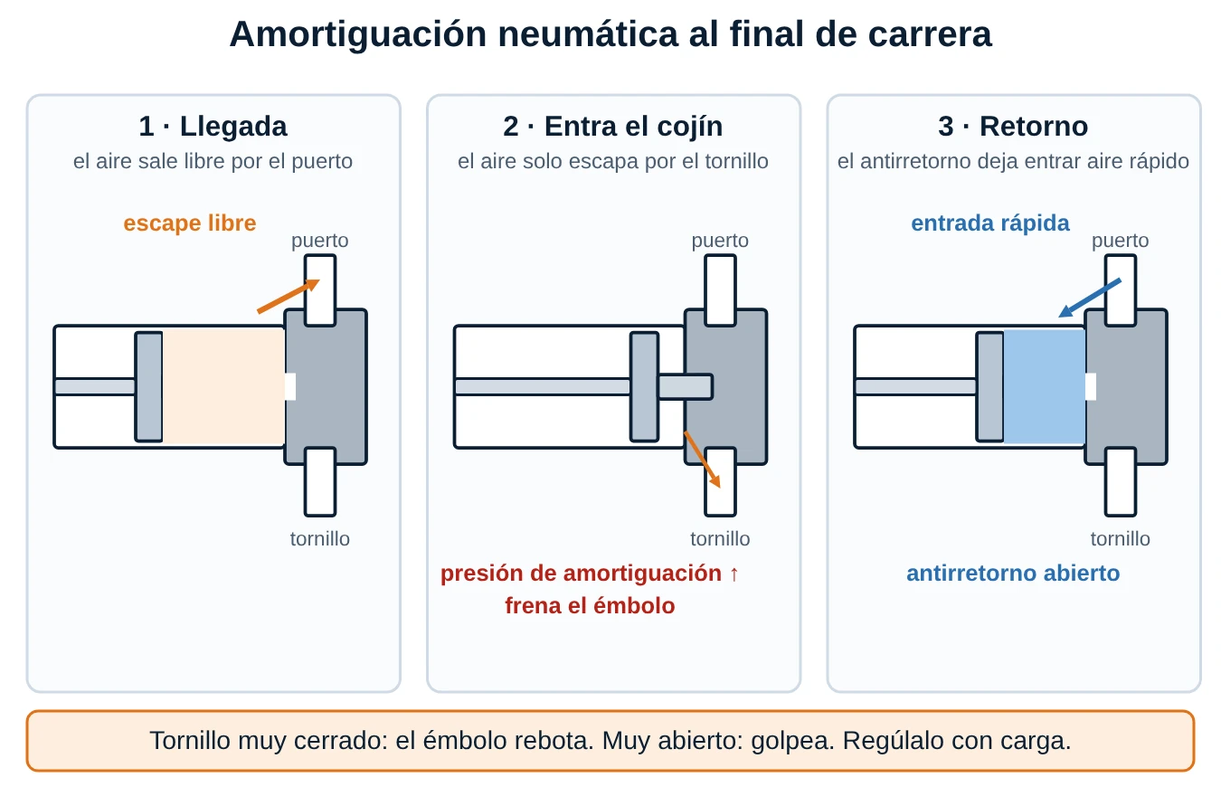 Tres etapas de la amortiguación neumática: llegada con escape libre, entrada del cojín con escape por el tornillo regulable y retorno con antirretorno abierto