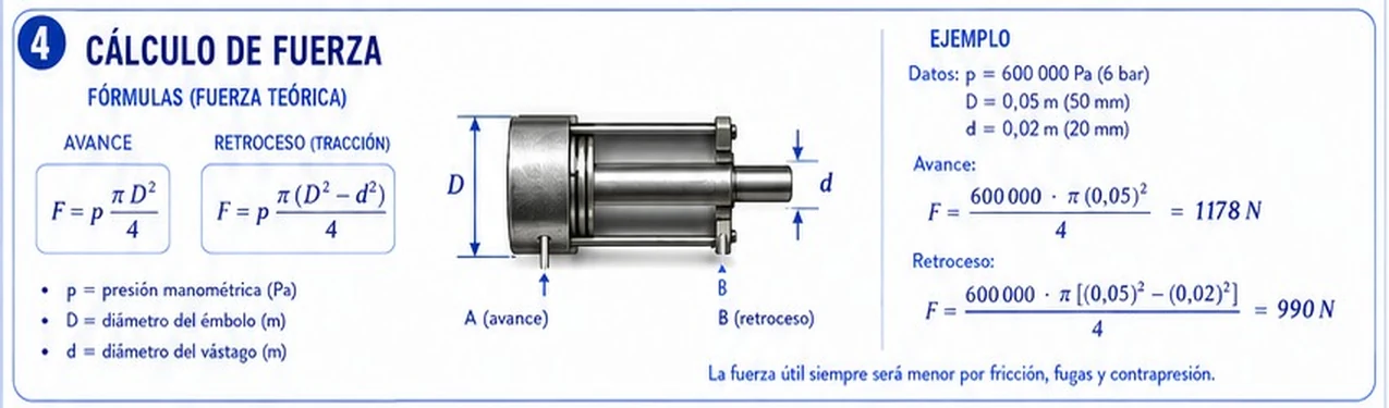 Fórmulas de fuerza de avance F = p·π·D²/4 y de retroceso F = p·π·(D² − d²)/4 con ejemplo para 6 bar, D = 50 mm y d = 20 mm: 1178 N y 990 N