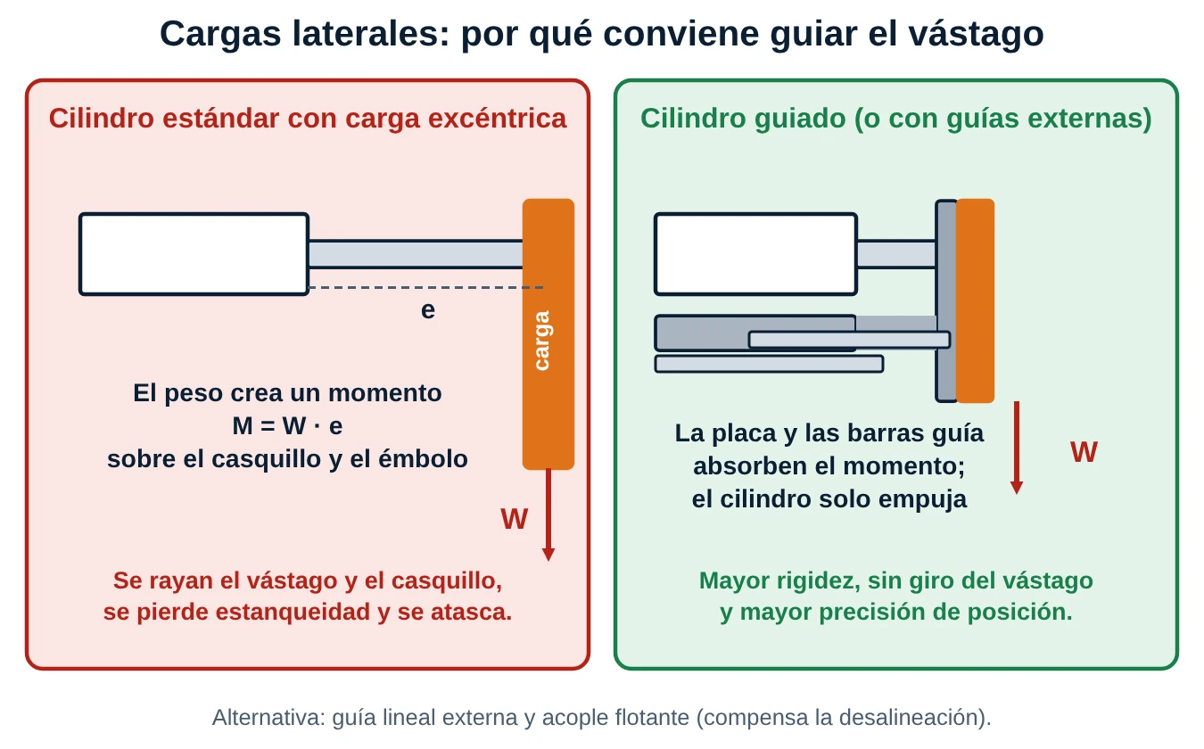 Comparación de un cilindro estándar con carga excéntrica que genera un momento sobre el casquillo frente a un cilindro guiado cuyas barras absorben el momento