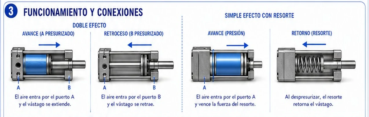 Doble efecto: avance con A presurizado y retroceso con B presurizado; simple efecto con resorte: avance por presión y retorno por resorte
