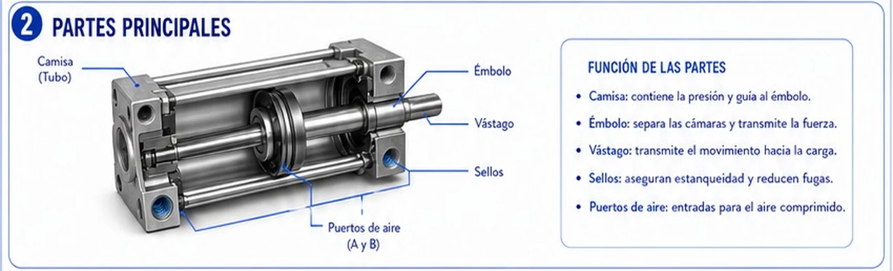 Corte de un cilindro con camisa, émbolo, vástago, sellos y puertos de aire A y B, y la función de cada parte
