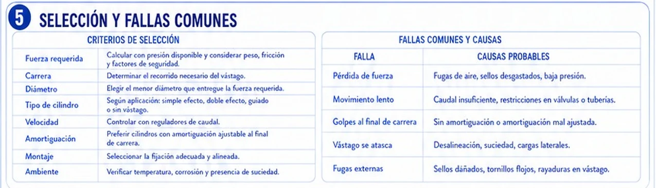 Criterios de selección del cilindro y tabla de fallas comunes con sus causas: pérdida de fuerza, movimiento lento, golpes al final de carrera, vástago atascado y fugas externas