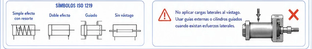 Símbolos ISO 1219 de cilindro simple efecto con resorte, doble efecto, guiado y sin vástago, y la advertencia de no aplicar cargas laterales al vástago
