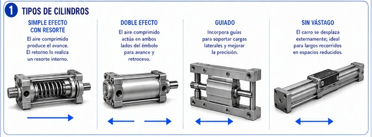 Cuatro tipos de cilindro: simple efecto con resorte, doble efecto, guiado y sin vástago, con una flecha de movimiento para cada uno