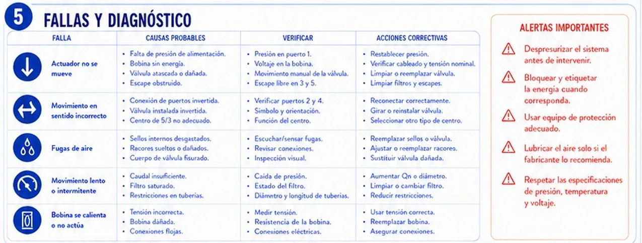 Tabla de fallas y diagnóstico de válvulas: actuador no se mueve, movimiento en sentido incorrecto, fugas de aire, movimiento lento o intermitente y bobina que se calienta o no actúa, con causas, verificaciones y acciones, y alertas importantes