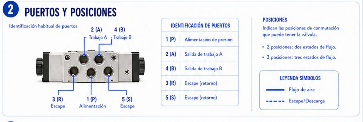 Identificación de puertos de una válvula 5/2: 1 alimentación P, 2 salida A, 4 salida B, 3 y 5 escapes R y S, con la leyenda de símbolos