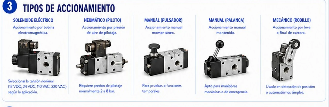 Cinco tipos de accionamiento de válvulas: solenoide eléctrico, neumático por piloto, manual con pulsador, manual con palanca y mecánico con rodillo