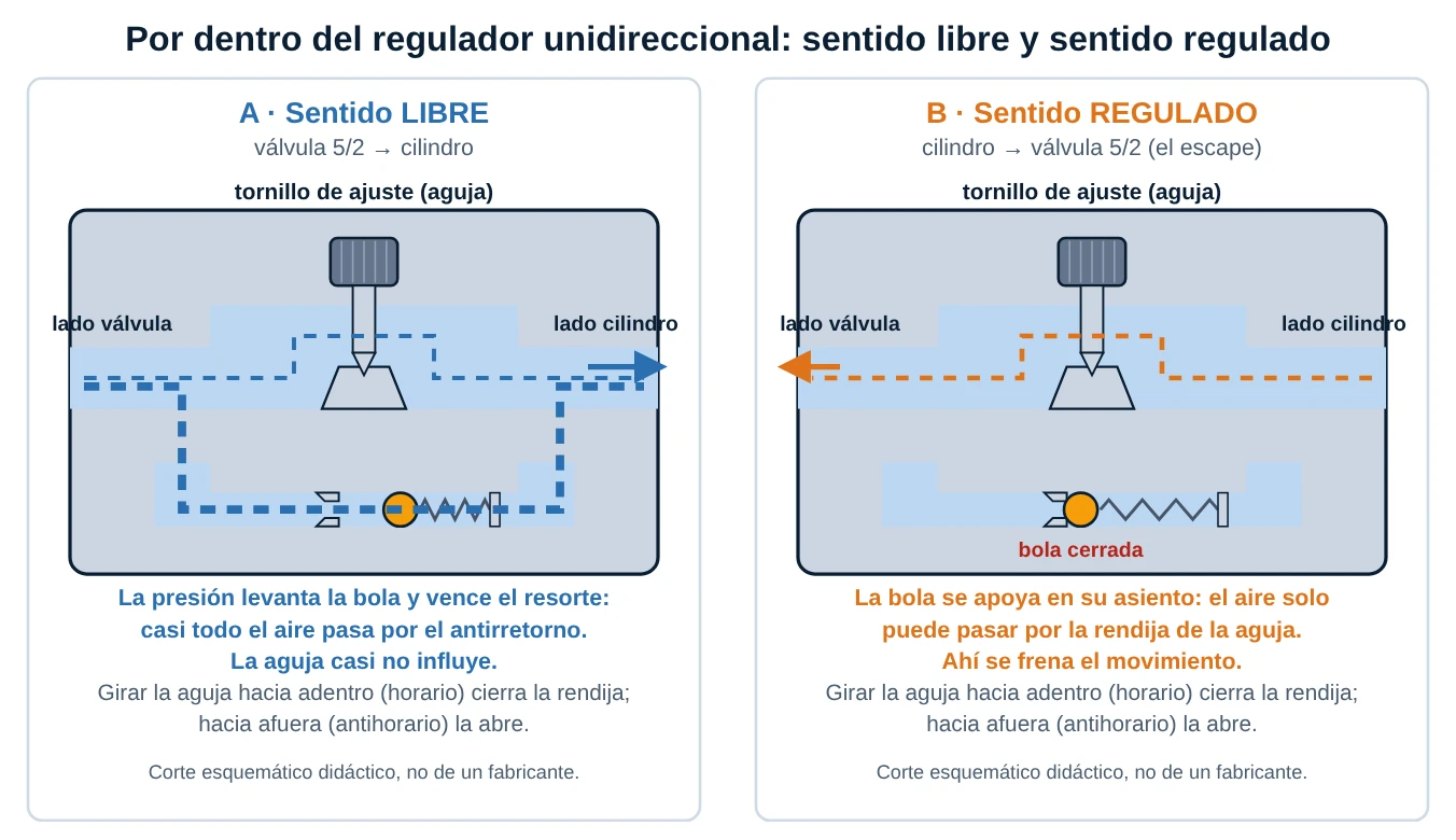 Corte esquemático de un regulador unidireccional con dos paneles: sentido libre donde la bola se levanta y sentido regulado donde la bola cierra y el aire pasa solo por la rendija de la aguja