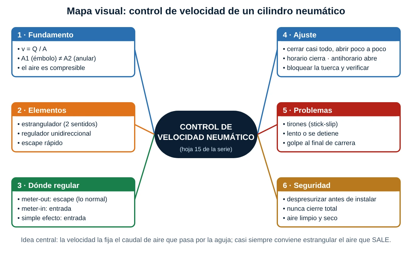 Mapa conceptual del control de velocidad neumático con seis ramas: fundamento, elementos, dónde regular, ajuste, problemas y seguridad