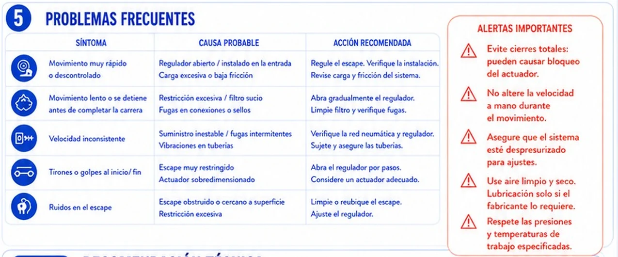 Tabla de problemas frecuentes del control de velocidad con síntoma, causa probable y acción recomendada, y alertas importantes