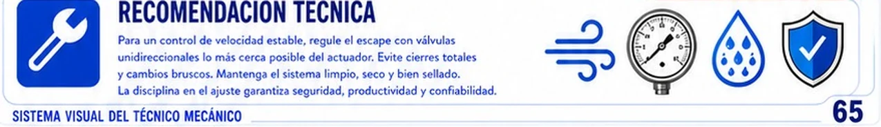 Recomendación técnica de la ficha: regular el escape con válvulas unidireccionales lo más cerca posible del actuador, evitando cierres totales y cambios bruscos, sistema limpio, seco y bien sellado