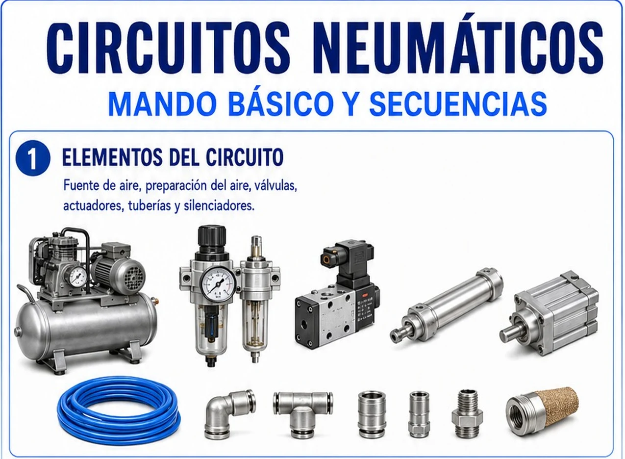 Ficha: elementos del circuito: compresor, unidad de mantenimiento, válvula, cilindros, manguera, racores y silenciador