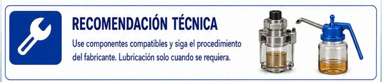 Ficha: recomendación técnica, usar componentes compatibles y seguir el procedimiento del fabricante; lubricación solo cuando se requiera