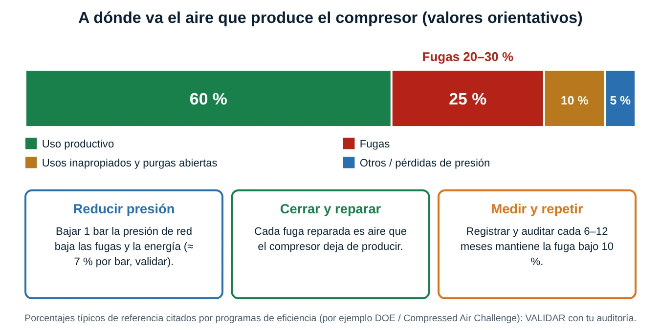 Barra de balance del aire comprimido con uso productivo, fugas de 20 a 30 por ciento, usos inapropiados y otras pérdidas