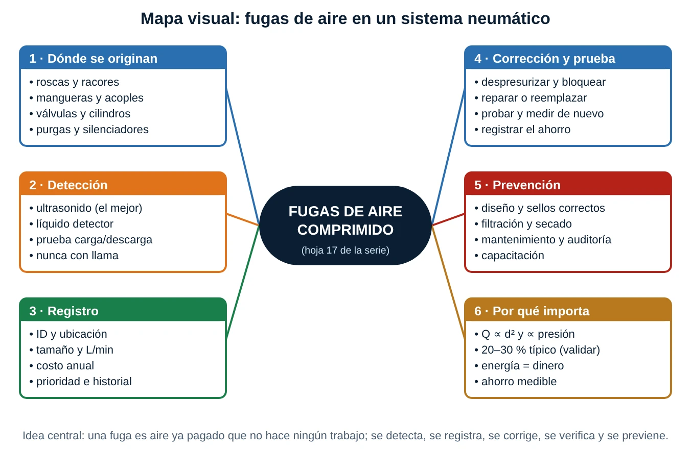 Mapa conceptual de fugas de aire con seis ramas: origen, detección, registro, corrección y prueba, prevención y por qué importa