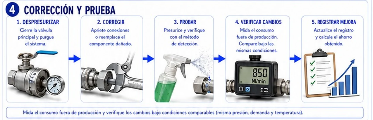 Ficha: corrección y prueba en cinco pasos: despresurizar, corregir, probar, verificar cambios y registrar mejora