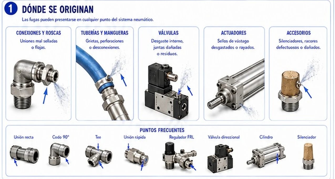 Ficha: las fugas pueden aparecer en conexiones y roscas, tuberías y mangueras, válvulas, actuadores y accesorios, con puntos frecuentes como unión recta, codo, tee, unión rápida, regulador FRL, válvula direccional, cilindro y silenciador
