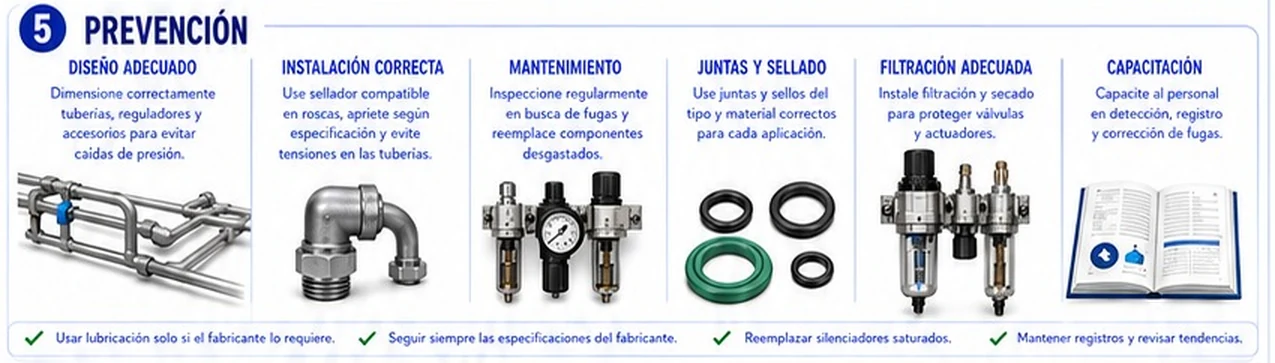Ficha: prevención con diseño adecuado, instalación correcta, mantenimiento, juntas y sellado, filtración adecuada y capacitación