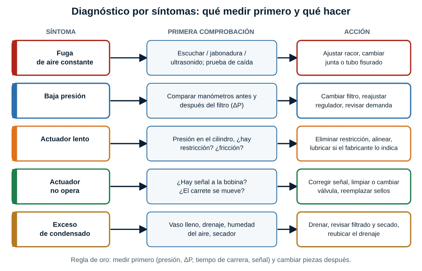 Diagrama de cinco filas con síntoma, primera comprobación y acción para fuga constante, baja presión, actuador lento, actuador que no opera y exceso de condensado