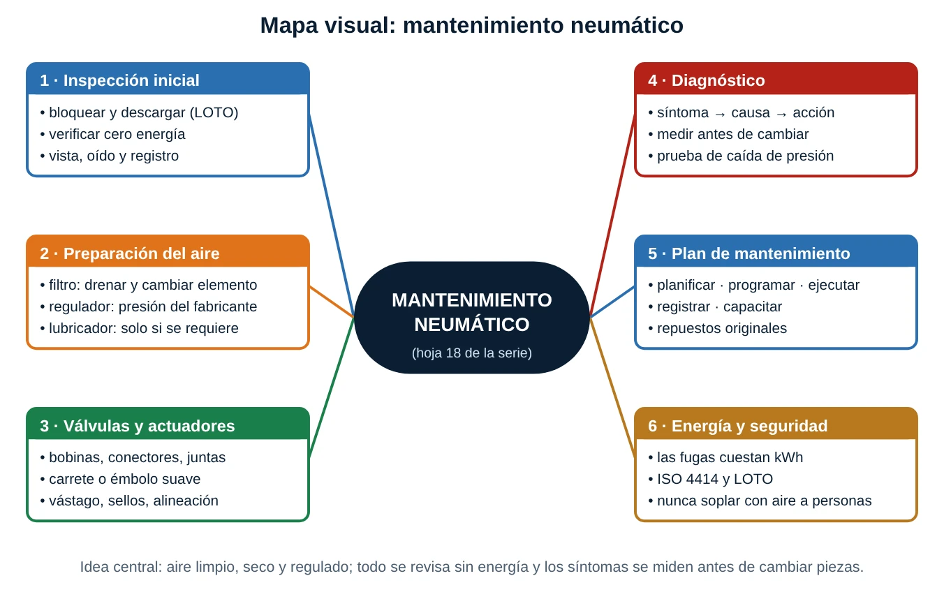 Mapa conceptual del mantenimiento neumático con seis ramas: inspección inicial, preparación del aire, válvulas y actuadores, diagnóstico, plan de mantenimiento y energía y seguridad