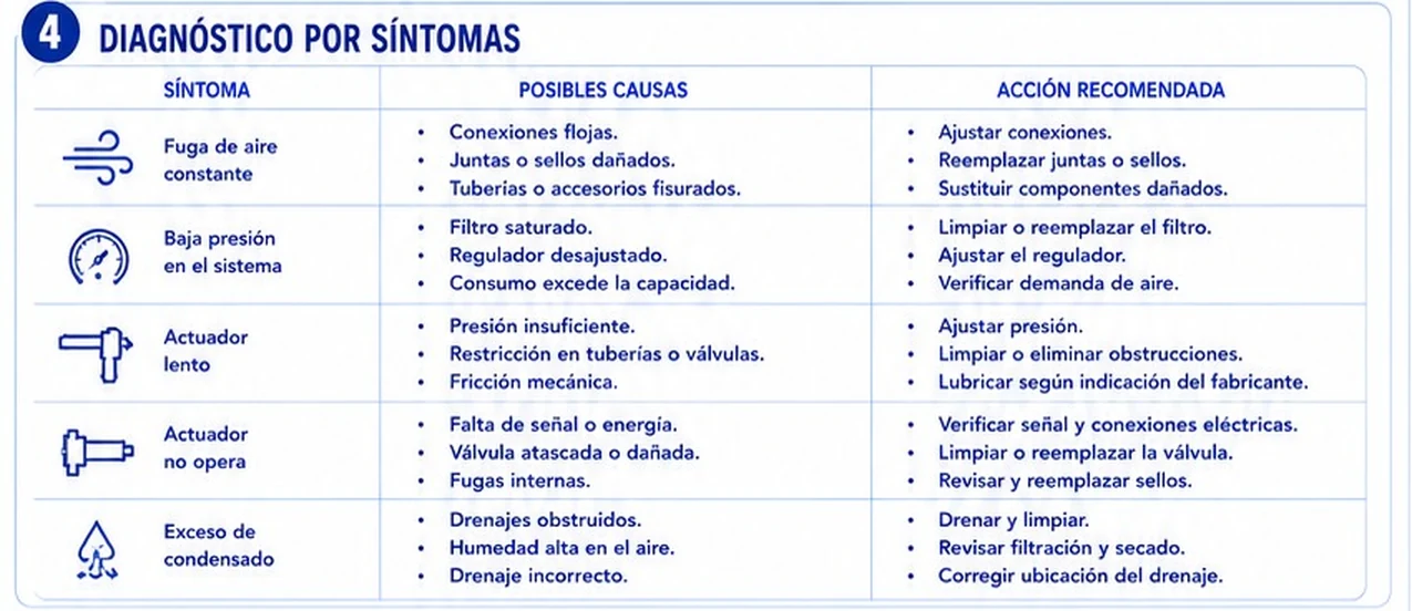 Tabla de la ficha: cinco síntomas (fuga constante, baja presión, actuador lento, actuador que no opera, exceso de condensado) con causas posibles y acciones recomendadas