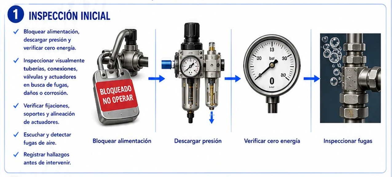 Ficha: inspección inicial con bloqueo de la alimentación, descarga de presión, verificación de cero energía e inspección de fugas