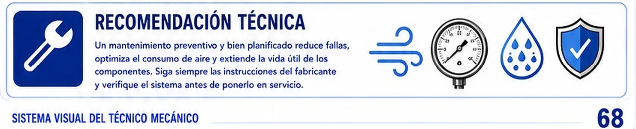 Recomendación técnica de la ficha: un mantenimiento preventivo bien planificado reduce fallas, optimiza el consumo de aire y extiende la vida útil; seguir las instrucciones del fabricante y verificar el sistema antes de ponerlo en servicio