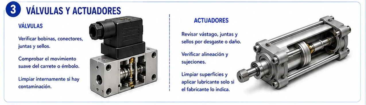 Ficha: revisión de válvulas (bobinas, conectores, juntas, carrete) y actuadores (vástago, juntas, sellos, alineación y limpieza)