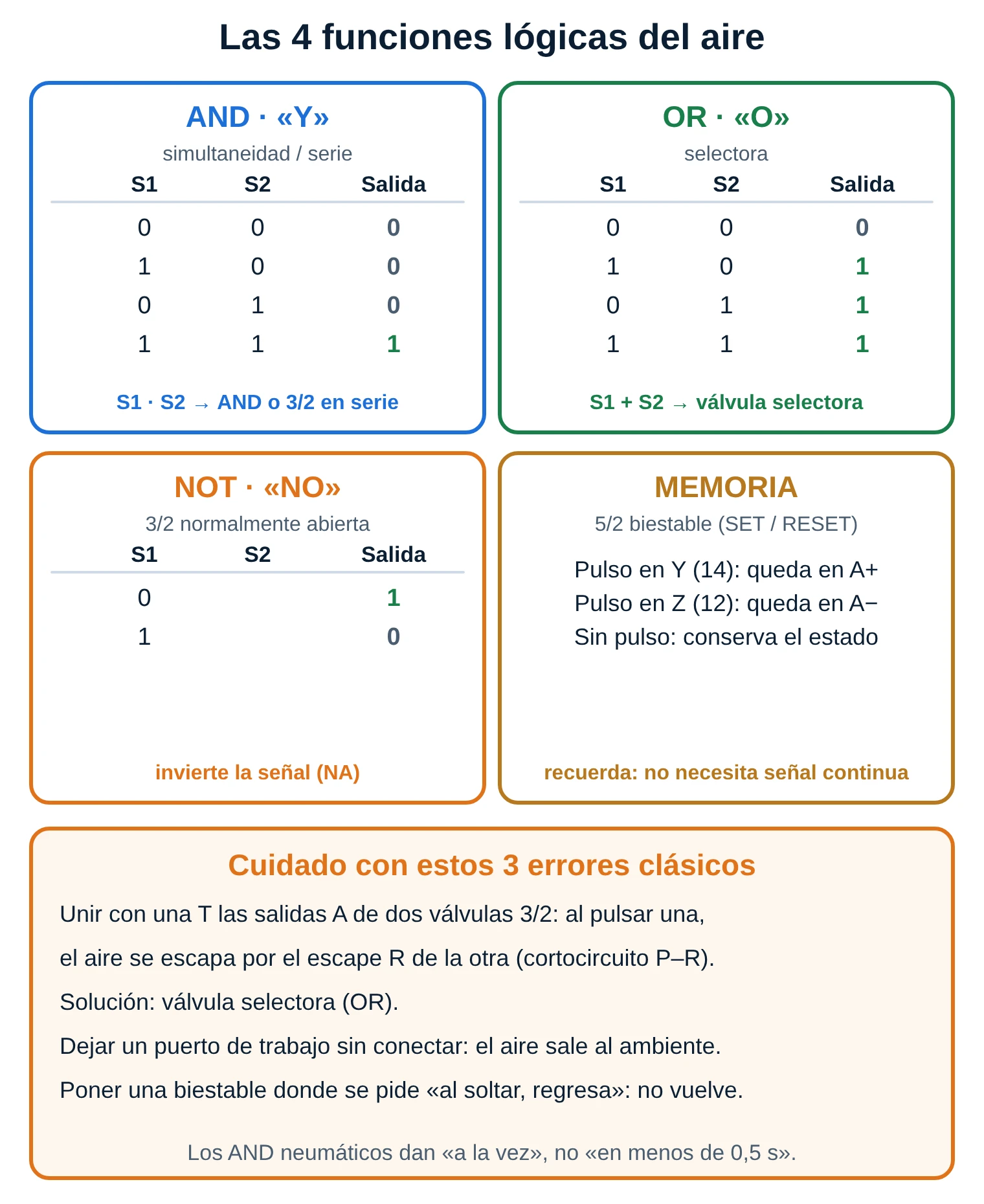 Tablas de verdad de AND y OR, función NOT con 3/2 normalmente abierta, memoria con 5/2 biestable y los tres errores clásicos de montaje