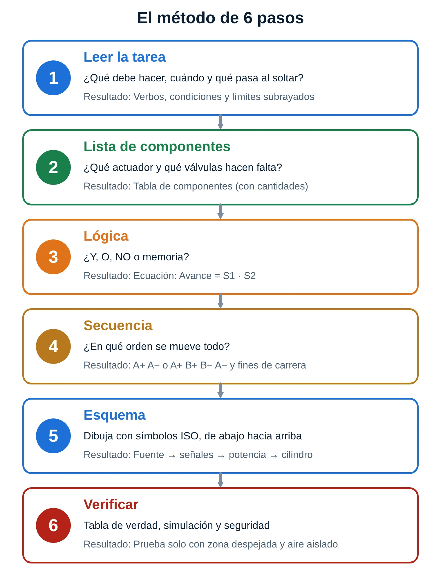 Seis pasos para planear un circuito neumático: leer la tarea, lista de componentes, lógica, secuencia, esquema y verificar