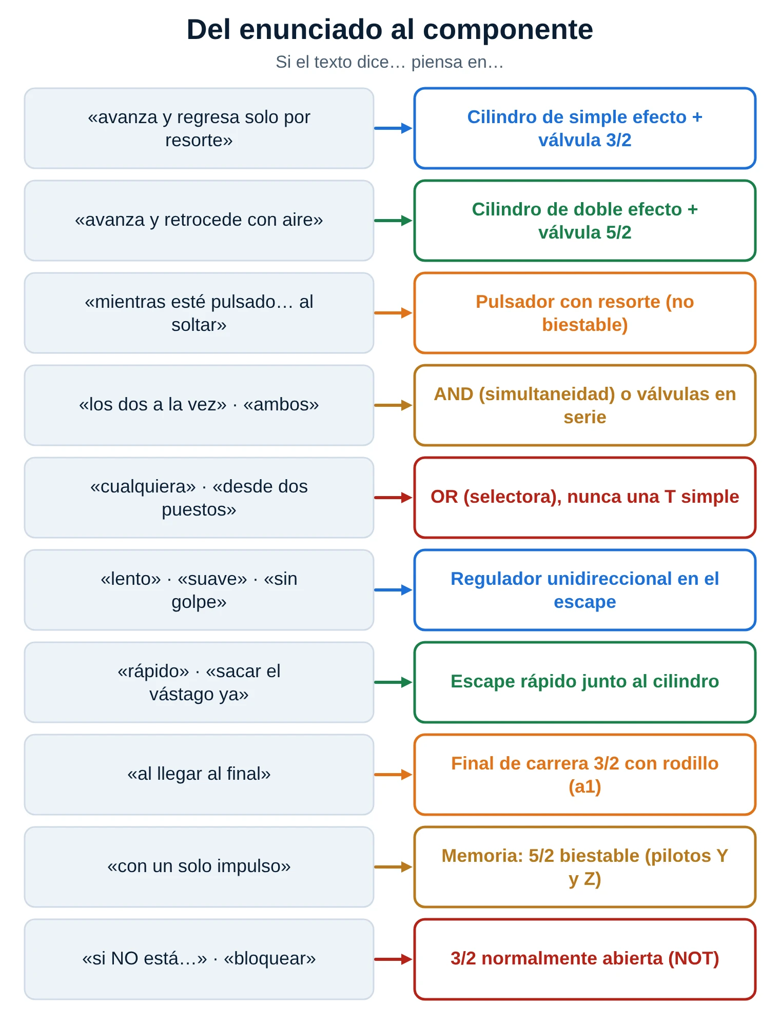 Tabla de frases del enunciado y los componentes neumáticos que sugieren: simple efecto, doble efecto, pulsador, AND, OR, regulador, escape rápido, final de carrera, memoria y NOT