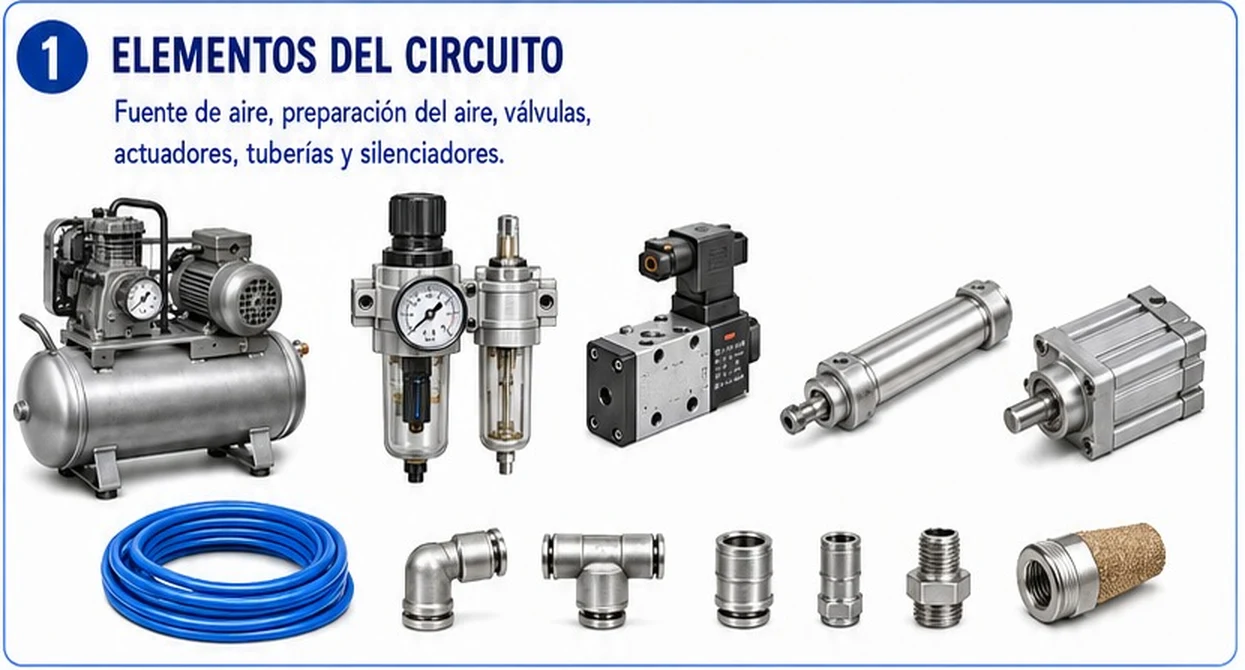 Fuente de aire (compresor con tanque), unidad de preparación del aire, válvula, cilindro de vástago redondo, cilindro compacto, manguera azul, conexiones rápidas y silenciador