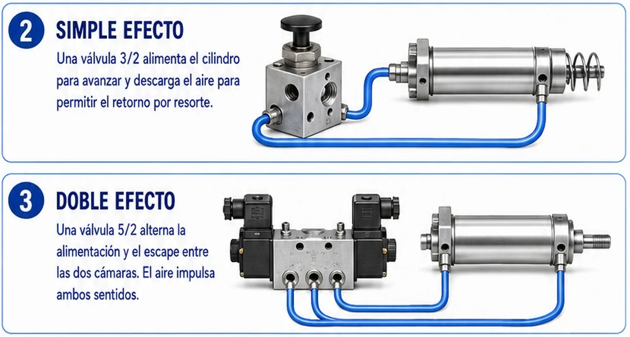 Válvula 3/2 con pulsador alimentando un cilindro de simple efecto con resorte, y válvula 5/2 con dos solenoides alimentando un cilindro de doble efecto